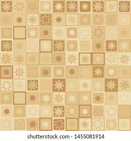Seamless pattern. Eight-pointed stars - flowers on a checkered background. Yellow shades of old paper. Desert camouflage.