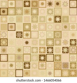 Seamless pattern. Eight-pointed stars - flowers on a checkered background. Yellow shades of old paper. Desert camouflage.