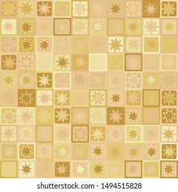 Seamless pattern. Eight-pointed stars - flowers on a checkered background. Yellow shades of old paper. Desert camouflage.