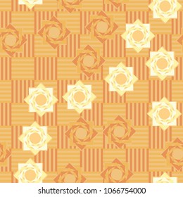 Seamless pattern. Eight-pointed stars on a chessboard background. Six-color texture. Abstraction.