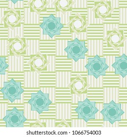 Seamless pattern. Eight-pointed stars on a chessboard background. Six-color texture. Abstraction.
