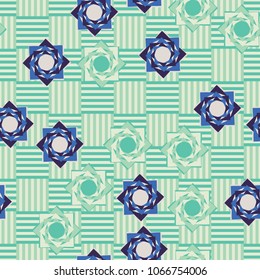 Seamless pattern. Eight-pointed stars on a chessboard background. Six-color texture. Abstraction.