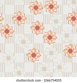 Seamless pattern. Eight-pointed stars on a chessboard background. Six-color texture. Abstraction.