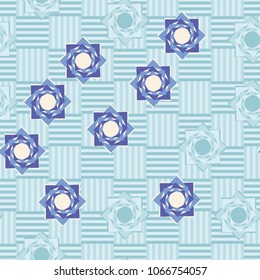 Seamless pattern. Eight-pointed stars on a chessboard background. Six-color texture. Abstraction.