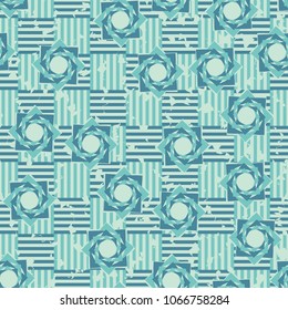 Seamless pattern. Eight-pointed stars on a chessboard background. Three-color texture. Abstraction.
