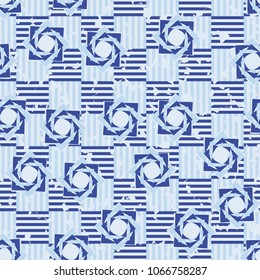 Seamless pattern. Eight-pointed stars on a chessboard background. Three-color texture. Abstraction.