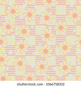 Seamless pattern. Eight-pointed stars on a chessboard background. Three-color texture. Abstraction.