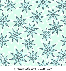 Seamless pattern. Eight-sided figures in the floral style are located chaotically. Glamorous camouflage. Green-blue.
