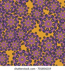 Seamless pattern. Eight-sided figures in the floral style are located chaotically. Glamorous camouflage. Yellow, purple, black.