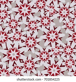Seamless pattern. Eight-sided figures in the floral style are located chaotically. Glamorous camouflage. Gray, red, red-brown.