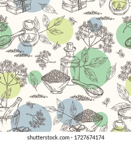 Seamless pattern with elderberry black, elderberry black flowers, soap and bath salt . Cosmetic and medical plant. Vector hand drawn illustration. 