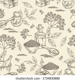 Seamless pattern with elderberry black, elderberry black flowers, soap and bath salt . Cosmetic and medical plant. Vector hand drawn illustration. 