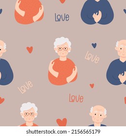 Seamless pattern with elderly couple happy old people. Cute old woman and bald old man on background with hearts. Vector illustration. Love yourself, find time to care.