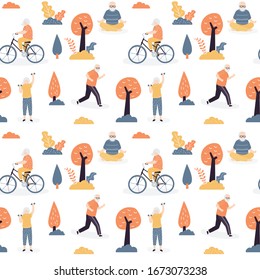 Seamless pattern with elderly people are engage in physical activity.Varios outdoors sport active for old people. Health care of aged humans texture background. Flat vector illustration.