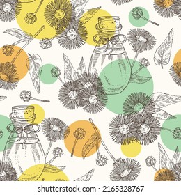 Seamless pattern with elecampane high: elecampane flower and leaves and bottle of elecampane essential oil. Cosmetic, perfumery and medical plant. Vector hand drawn illustrati