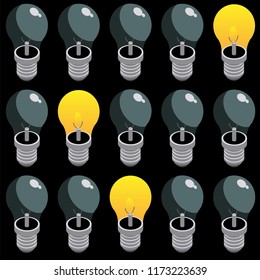 Seamless pattern of electric bulbs on a black background. A burning light bulb. Isometric 3d