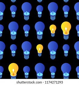 Seamless pattern of electric bulbs on a black background. A burning light bulb. Isometric 3d