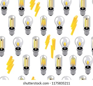 Seamless pattern of electric bulbs on a white background. A burning light bulb with lightning bolts. Isometric 3d