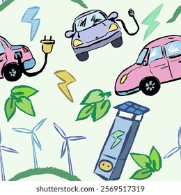 Seamless pattern with electric cars and wind turbines, charging station. Colorful, vector, isolated. Hand draw with brush texture. Doodle. Fun, grunge and interesting.