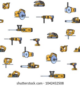 Seamless pattern of electric construction tools. Flat style seamless background of builder tool. Angle belt grinder, chainsaw, circular saw, jackhammer, jigsaw, jointer, puncher, screwdriver.