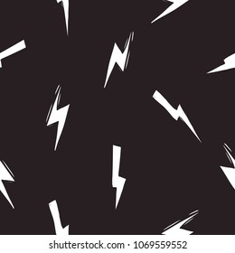 Seamless pattern with electric flash lightnings. Vector hard rock doodle illustration. Isolated on black background.