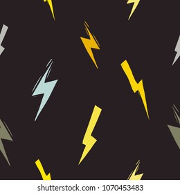 Seamless pattern with electric flash lightnings. Vector hard rock doodle illustration. Isolated on black background.