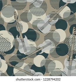Seamless pattern with electric guitars, circles. Grunge.