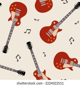 Seamless pattern with electric guitars and musical notes. Musical color vector background.