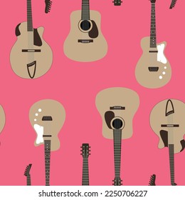 Seamless pattern with electric guitars on pink background. Vector illustration. 