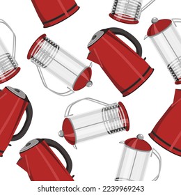 Seamless pattern of electric kettles and French press on a white background.