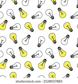 Seamless pattern with electric light bulbs. Idea symbol light on white background. Vector Illustration for textile design, packaging, backgrounds, prints