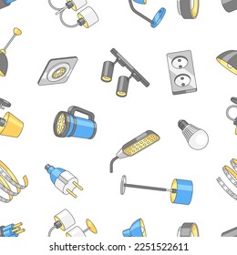 Seamless pattern with electric lightings and lamps. Electrical equipment. Industrial or business design.