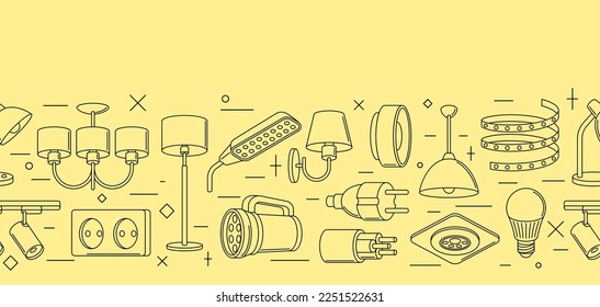 Seamless pattern with electric lightings and lamps. Electrical equipment. Industrial or business design.
