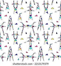 Seamless pattern with electric towers and colorful inserts in them. Geometric pattern for a boy's clothes. Multicolored triangles on a white background. Flat vector illustration
