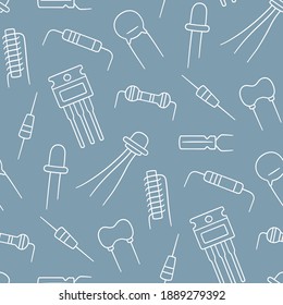 Seamless pattern from electrical components. Diode, transistor capacitor, resistor and inductor. Hand drawn vector illustration on white background