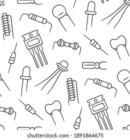 Seamless pattern from electrical components. Diode, transistor capacitor, resistor and inductor. Hand drawn vector illustration on white background