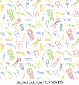 Seamless pattern from electrical components. Diode, transistor capacitor, resistor and inductor. Hand drawn vector illustration on white background