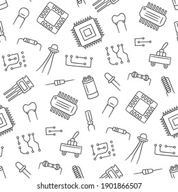 Seamless Pattern From Electrical Components. Microchip, Diode, Transistor Capacitor, Resistor. Computer Parts. Hand Drawn Vector Illustration On White Background