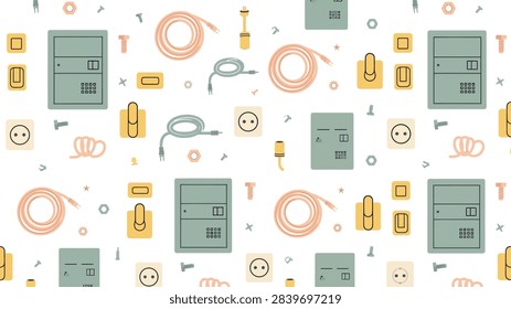 Seamless pattern with electrical equipment like cables, sockets, switches, and distribution boxes on a white background.