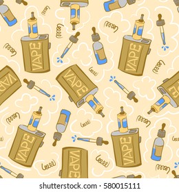 Seamless pattern with electronic cigarettes and liquids. Vaping box-mods, juices, coils and clouds.