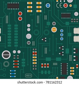 Seamless pattern of electronic circuit with diodes, chips and transistors. Vector background electrical motherboard and component illustration