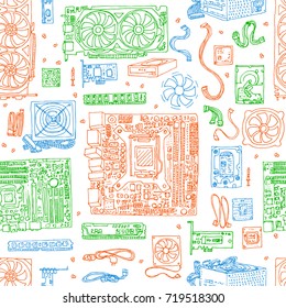 seamless pattern of Electronic component of desktop computer. Motherboard, processor, video card, memory, hdd