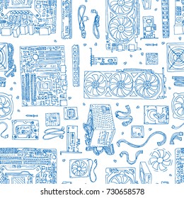 seamless pattern of Electronic component of desktop computer. Motherboard, processor, video card, memory, hdd
