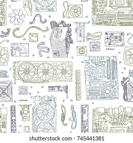 seamless pattern of Electronic component of desktop computer. Motherboard, processor, video card, memory, hdd