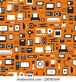 Seamless pattern of electronic devices and home appliances colorful icons set in flat style. Template vector elements for web and mobile applications.