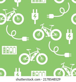 Seamless pattern with electronic fat bikes and electric plugs, E bike background.