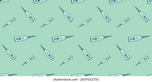 Patrón inconsútil con el Vector médico electrónico del doodle del termómetro