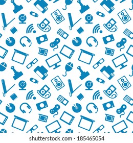seamless pattern with electronics, blue icons of computer technology on a white background
