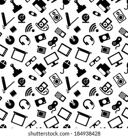 seamless pattern with electronics, computer hardware black icons on white background