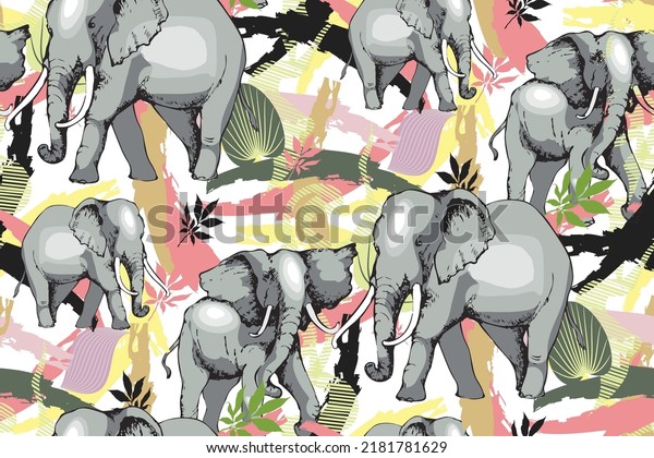 Seamless pattern of elefants and flowers. Suitable for fabric, mural, wrapping paper and the like. Vector illustration